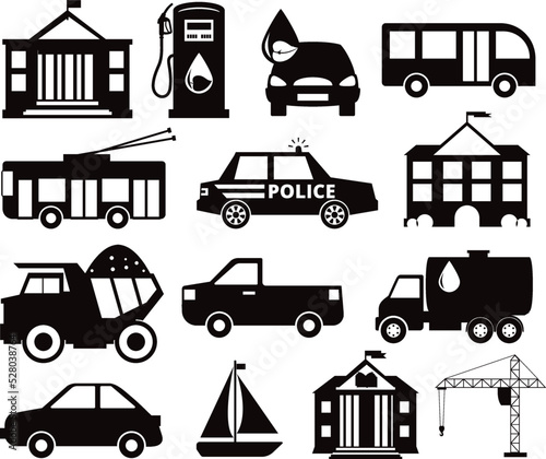 Fototapeta Naklejka Na Ścianę i Meble -  Collection of Constructions Vehicles, Car, Bus and Homes set flat isolated vector Silhouettes