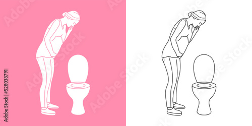 Pregnant vomit, morning sickness, woman silhouette, lined illustration, one-line art, motherhood illustration. Prenatal, pregnant woman symbol, silhouette picture of mother, pregnant symptoms
