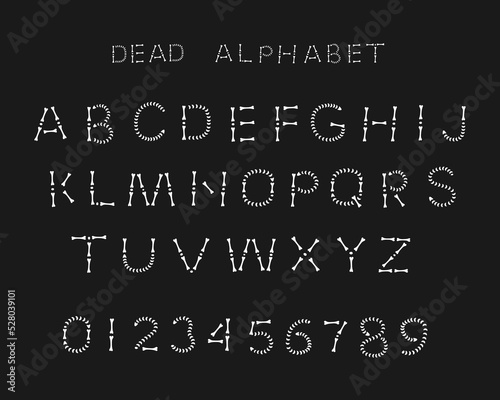 Alphabet and numbers made of silhouettes bones on a black background. Hand drawing style