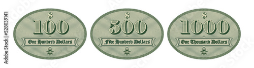 Vector set of stickers or price tags. Denominations of 100, 500 and 1000 US dollars on green ovals with guilloche grid. White isolated background