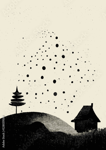 Minimalistic landscape with tree and little house. Monochrome vector illustration.