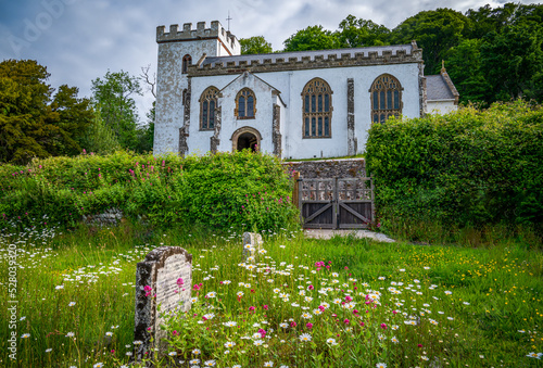 The Curch of all Saints, Selworthy,  on a summers day from the graveyard opposite with wild flowers