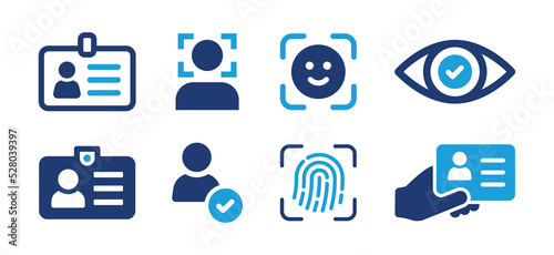 ID - identity document icon set. Containing Id card, biometric, face id and eye scan icons. Vector illustration.
