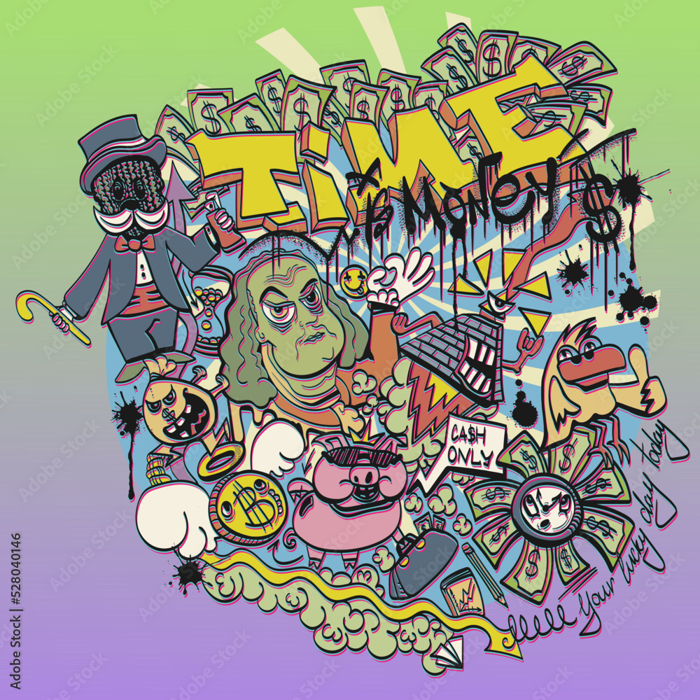 Time is money. Financial talisman in doodle and graffiti style, 3D line effect.