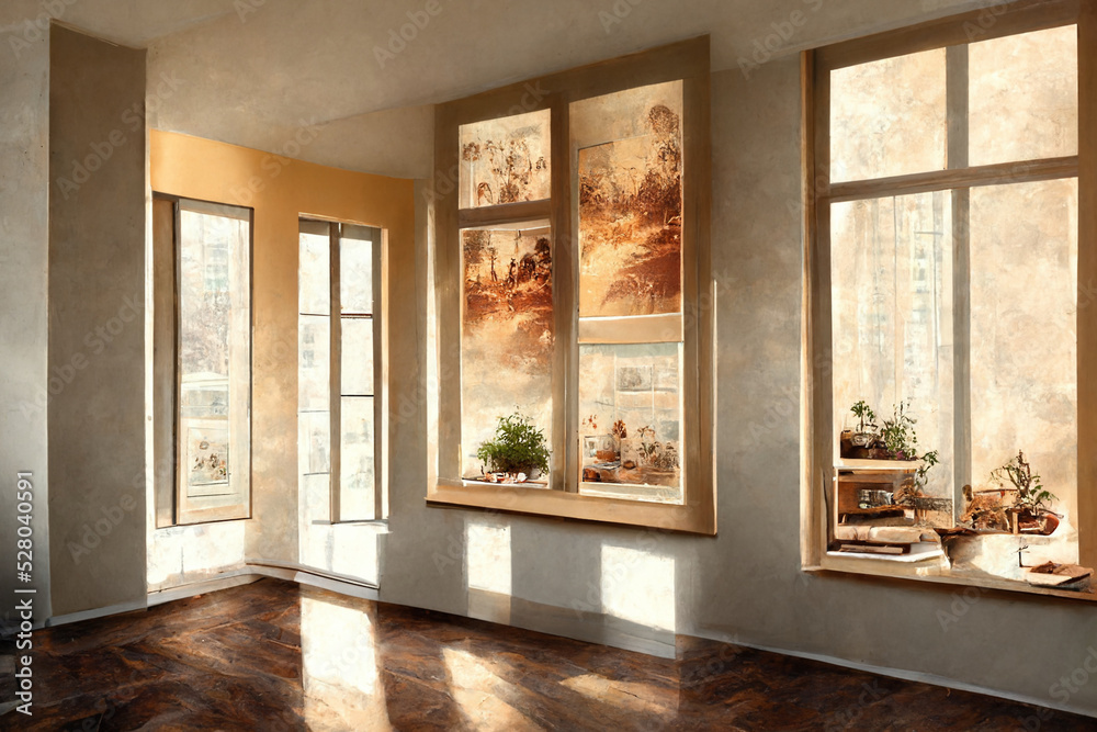 Fototapeta premium Warm Atmospher living room with sunlight from the window - Digital Generate Image