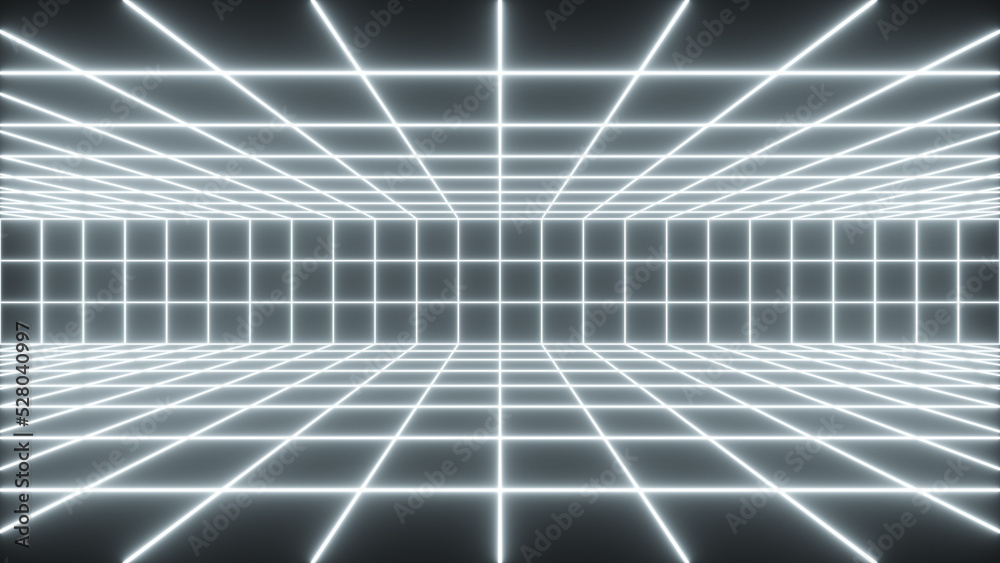Obraz premium Neon retro room with neon lines, futuristic tech background - 3D rendering