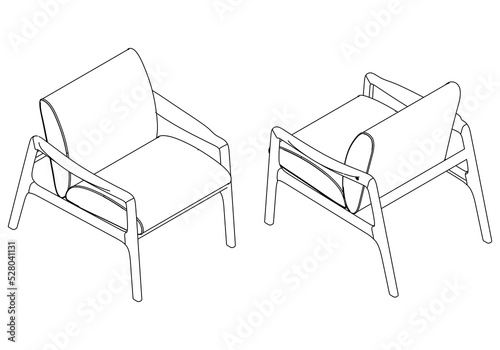Isometric outline armchairs set. Simple Outline Drawing, Isolated Vector