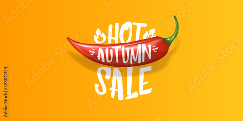 Big Hot Autumn sale horizontal banner with red chili cayenne pepper isolated on orange background. Vector 3d horizontal Autumn hot sale poster, flyer, banner, tag and background