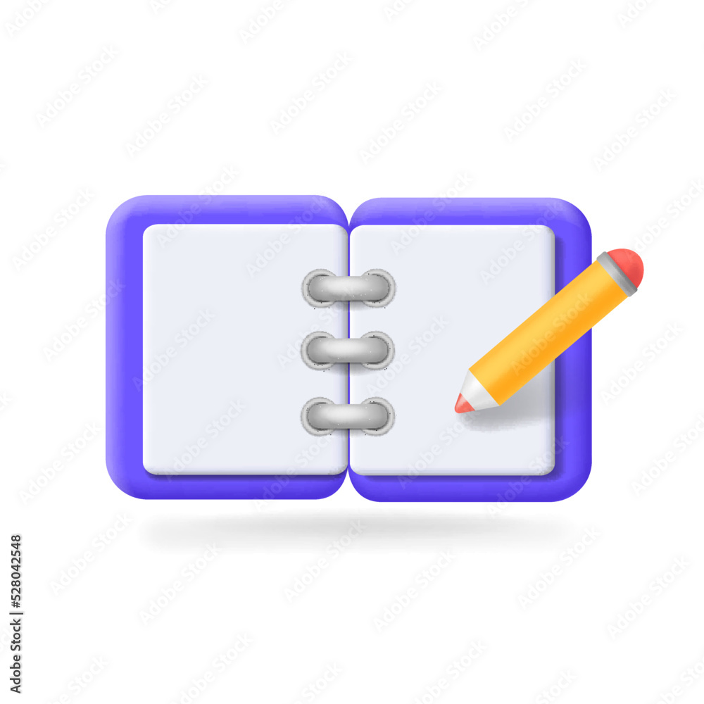 Notepad and pencil. Opened note book with blank pages and pen. Diary vector 3d icon Notepad and pencil. Opened note book with blank pages and pen. Diary vector 3d icon
