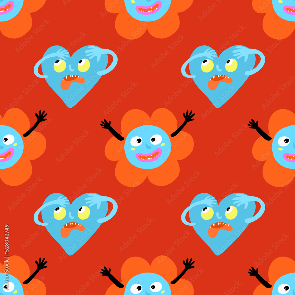 Seamless red vector halloween or valentine pattern with monster blue hearts and flowers on red love repeat background for parties textile and gift or wrapping paper 