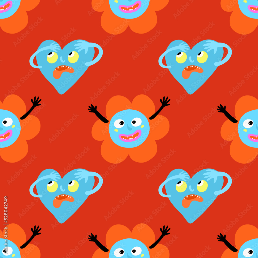 Seamless red vector halloween or valentine pattern with monster blue hearts and flowers on red love repeat background for parties textile and gift or wrapping paper Seamless red vector halloween or valentine pattern with monster blue hearts and flowers on red love repeat background for parties textile and gift or wrapping paper