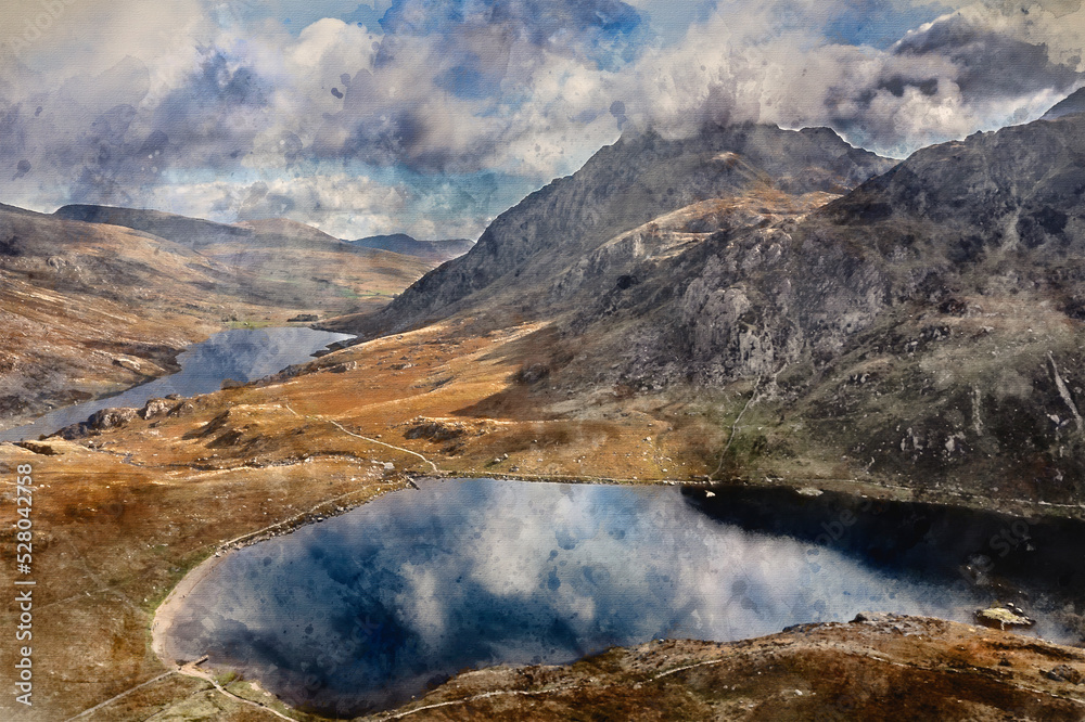 Digital watercolour painting of Aerial view of flying drone Epic Autumn Fall landscape image of view along Ogwen vslley in Snowdonia National Park with moody sky and mountains