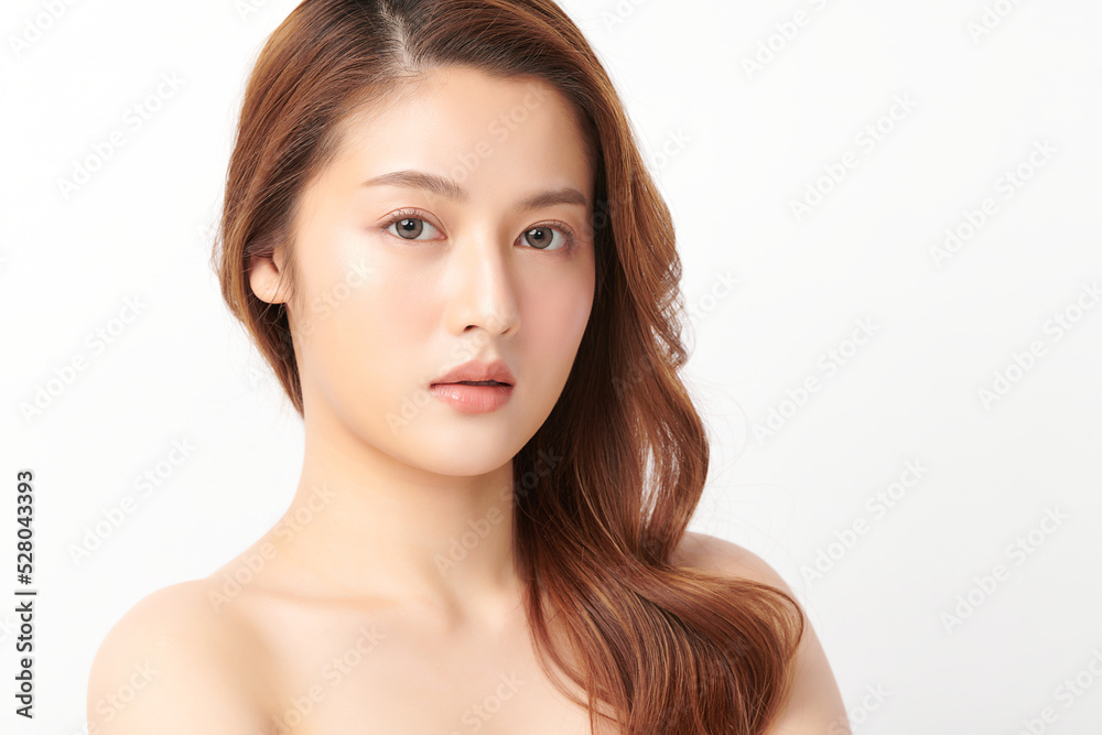 Fototapeta premium Beautiful young asian woman with clean fresh skin on white background, Face care, Facial treatment, Cosmetology, beauty and spa, Asian women portrait.