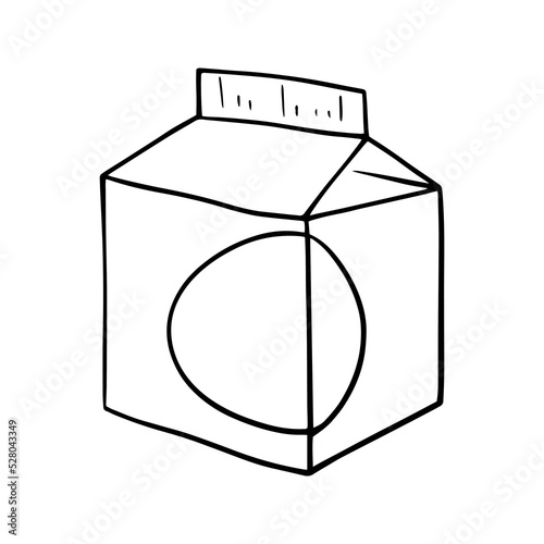 Monochrome illustration, small square package of milk, kefir, copy space, vector cartoon