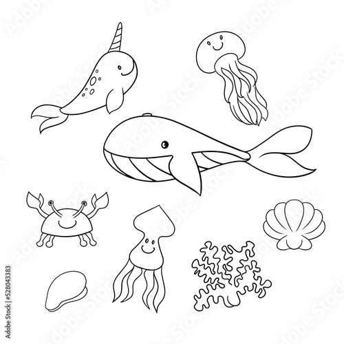 Monochrome set of icons, cute sea characters, big whale, squid and narwhal, jellyfish and crab, vector cartoon