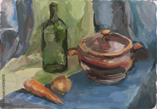 still life painting, picture of a bottle and clay pot on a table next to a carrot and onion. classic technique with gouache paint.