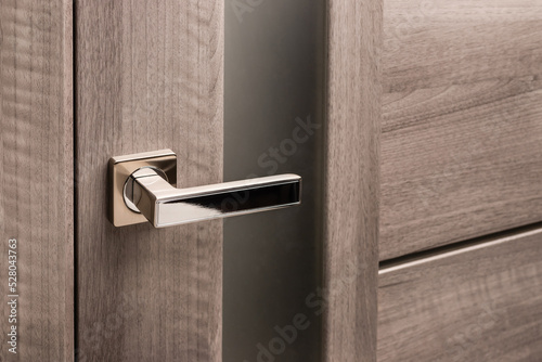 Close up of stylish silver chrome door handle on modern interior door.