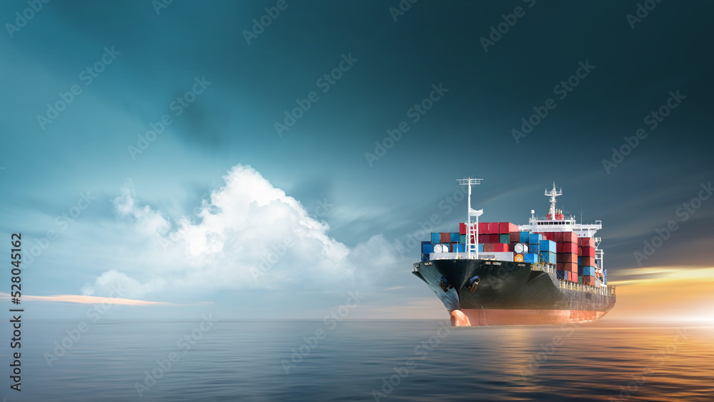 Container cargo ship in ocean at sunset dramatic sky background with copy space, Nautical vessel and sea freight shipping, International global business logistics transportation import export concept - obrazy, fototapety, plakaty 
