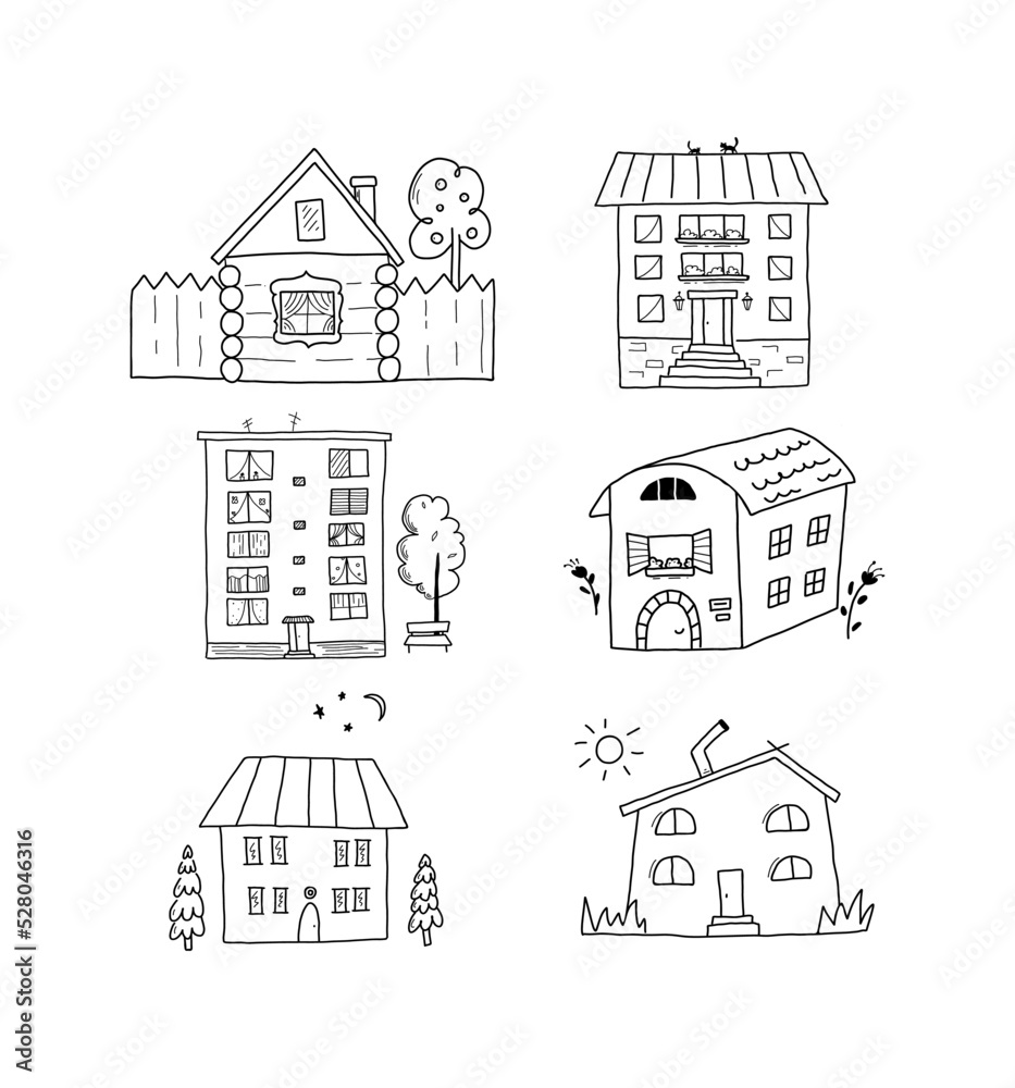 Simple houses doodle set. A collection of black and white urban and rural houses isolated on a white background in a hand-painted style