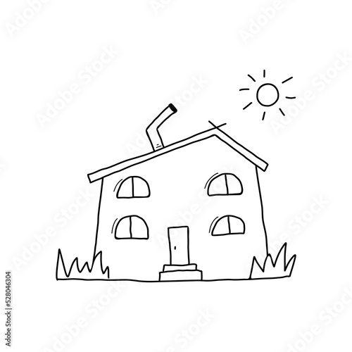 Rustic two-story house with a chimney. Vector illustration in doodle style