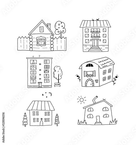 Simple houses doodle set. A collection of black and white urban and rural houses isolated on a white background in a hand-painted style