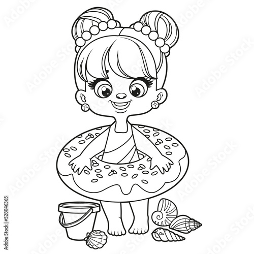 Cute cartoon girl in a swimsuit and with an inflatable ring for swimming coloring page on white background