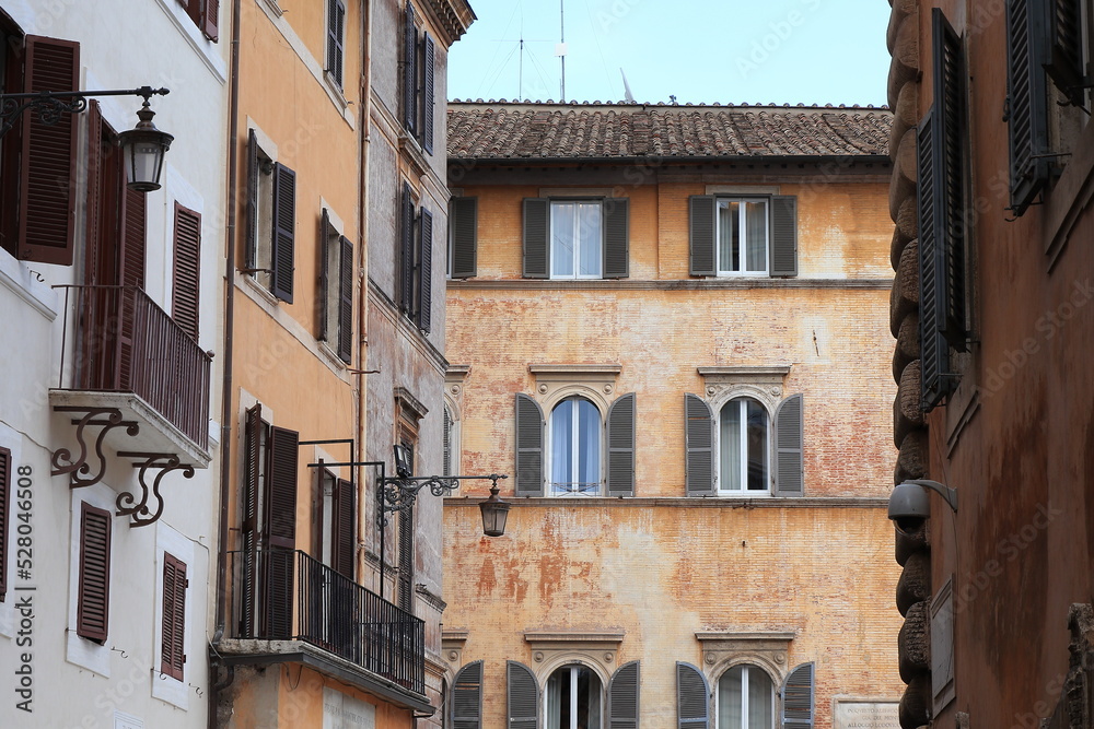 Traditional Building Facades with Shutters, Balconies and Lantern in Rome, Pantheon Area, Italy