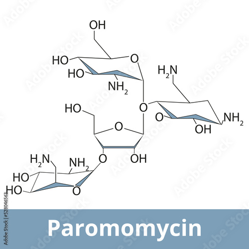 Paromomycin. An antimicrobial used to treat parasitic infections including amebiasis, giardiasis, leishmaniasis, and tapeworm infection. Chemical structure.
