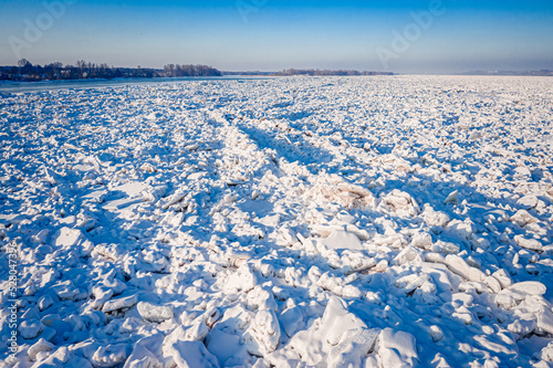 Ice jam on river at winter....