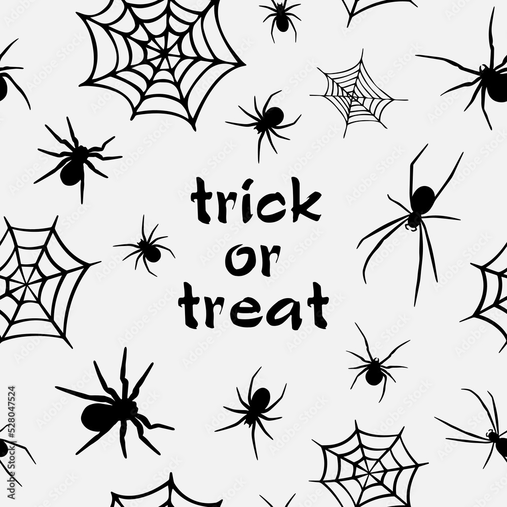 Gothic Halloween seamless pattern made up many spiders, cobweb and text Trick or Treat. Holiday endless repeating texture for printing on package, wrapper, envelopes, cards, clothes, accessories. Gothic Halloween seamless pattern made up many spiders, cobweb and text Trick or Treat. Holiday endless repeating texture for printing on package, wrapper, envelopes, cards, clothes, accessories.