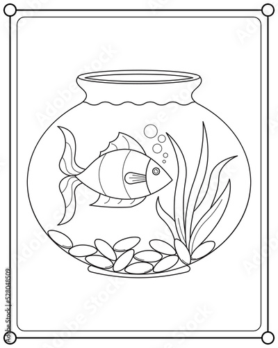 Cute fish in aquarium tank suitable for children's coloring page vector illustration