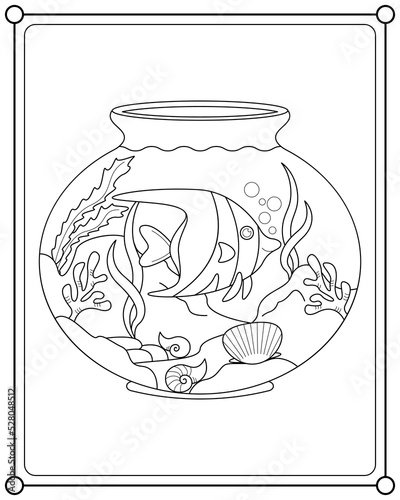 Cute fish in aquarium tank suitable for children's coloring page vector illustration