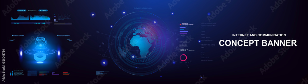 Innovation cyber banner with HUD elements. Internet technologies and communications on futuristic background. Holographic portal with planet earth. 5G internet data exchange process