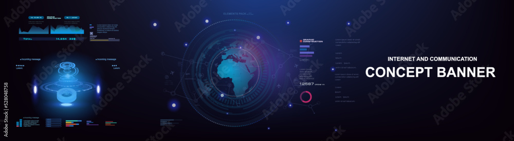 Innovation cyber banner with HUD elements. Internet technologies and communications on futuristic background. Holographic portal with planet earth. 5G internet data exchange process Innovation cyber banner with HUD elements. Internet technologies and communications on futuristic background. Holographic portal with planet earth. 5G internet data exchange process