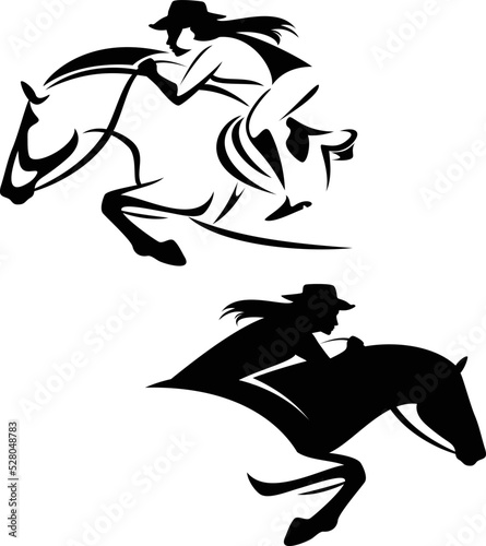 beautiful cowgirl wearing cowboy hat riding jumping forward horse - black and white vector wild west style design set