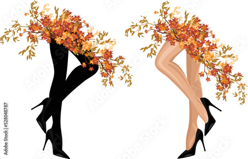 sexy woman slim legs wearing high heels stiletto shoes with skirt made of autumn tree branches  - fall season fashion sale vector design set