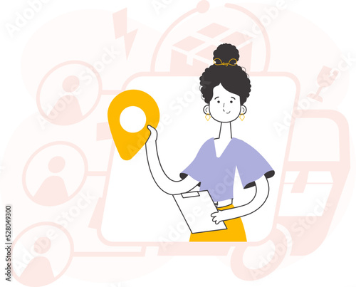 Girl Courier holding tablet and geolocation tag. Line art trendy style. Vector.