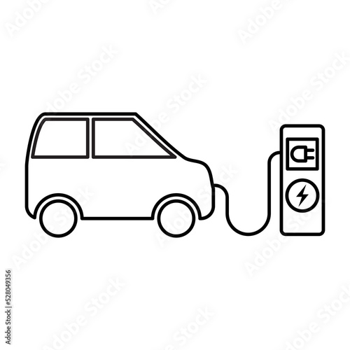 Simple line art icon of electric car in the charging station. Future vehicle.