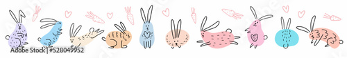 A hand-drawn set of cute rabbits. Vector children's illustration of funny rabbits drawn in the style of doodles.