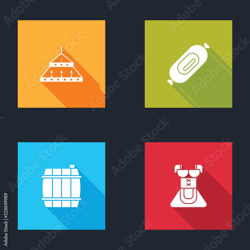Set Massive steel chandelier, Salami sausage, Wooden barrel and Costume for women dirndl icon. Vector