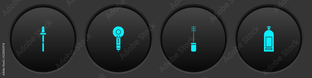 Set Pipette, Hair dryer, Mascara brush and Bottle of shampoo icon. Vector Set Pipette, Hair dryer, Mascara brush and Bottle of shampoo icon. Vector