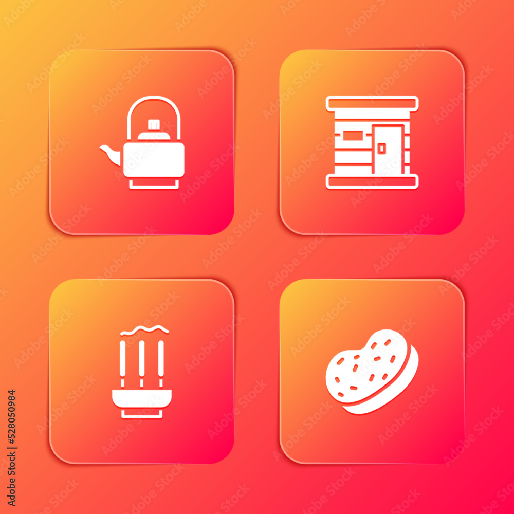 Set Kettle with handle, Sauna wooden bathhouse, Incense sticks and Bath sponge icon. Vector Set Kettle with handle, Sauna wooden bathhouse, Incense sticks and Bath sponge icon. Vector