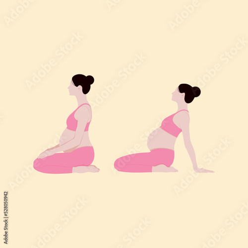 Exercises for pregnant women. Yoga for pregnant women. Motherhood. Vector illustration of a pregnant girl.