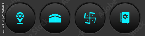 Set Star of David, Kaaba mosque, Hindu swastika and Jewish torah book icon. Vector