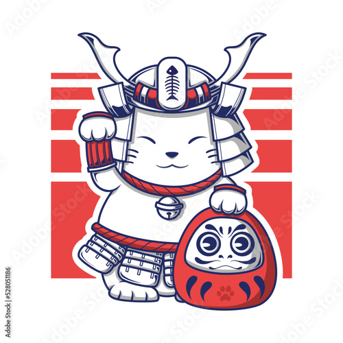 Japanese Neko Lucky Cat with Daruma Doll illustration