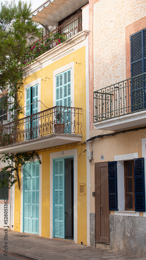 Colored facades of a small and quiet town Majorca