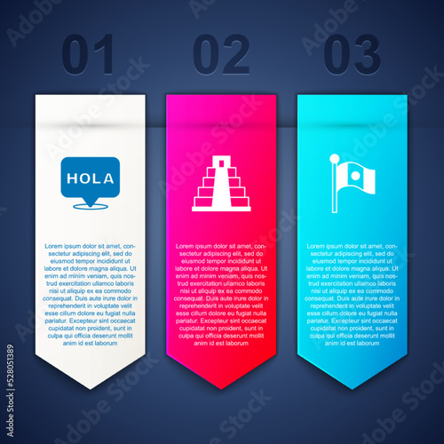 Set Hola, Chichen Itza in Mayan and Mexico flag. Business infographic template. Vector