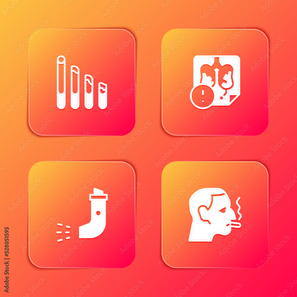 Set Smoking cigarette, Disease lungs, Inhaler and Man smoking icon. Vector Set Smoking cigarette, Disease lungs, Inhaler and Man smoking icon. Vector