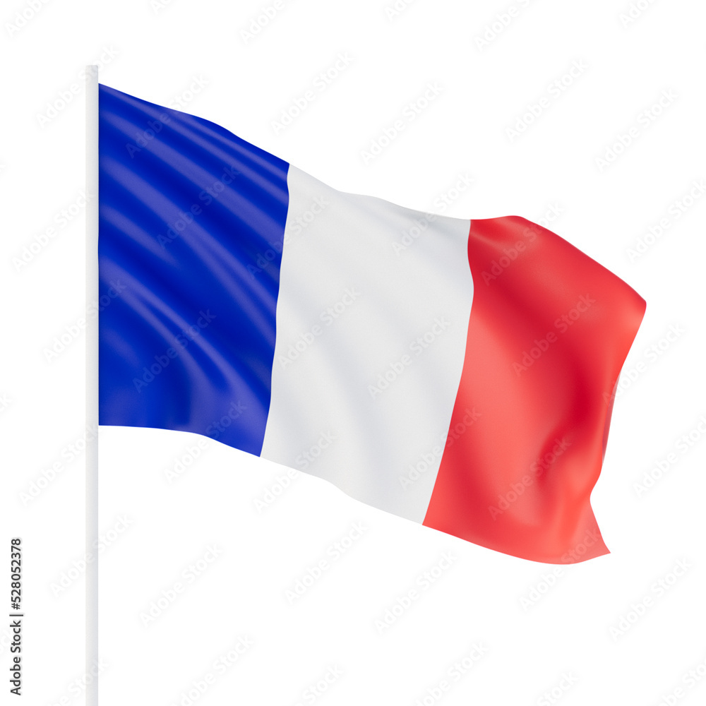 France flag on pole. White flagpole. National flag of France isolated on white background. 3D illustration France flag on pole. White flagpole. National flag of France isolated on white background. 3D illustration