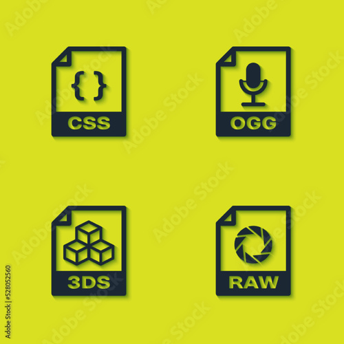 Set CSS file document, RAW, 3DS and OGG icon. Vector